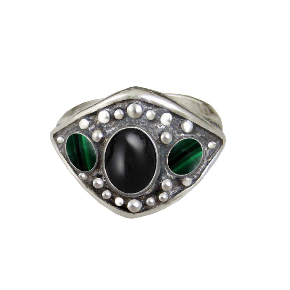 Sterling Silver Medieval Lady's Ring with Black Onyx And Malachite Size 7